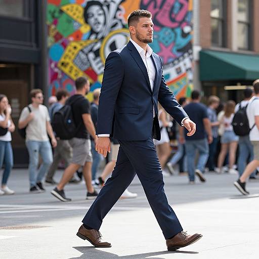 Photograph of a stylish, bearded man in a navy suit walking confidently through a bustling urban street with colorful graffiti and diverse pedestrians in the background.