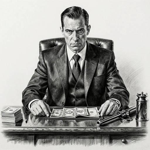 Black-and-white photo of stern, middle-aged man in suit, sitting at desk with stacks of money, revolver, and ashtray.
