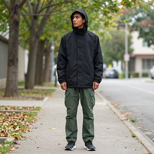Photograph of a young Asian man standing on a suburban sidewalk, wearing a black hooded jacket, green cargo pants, and black sneakers, with trees