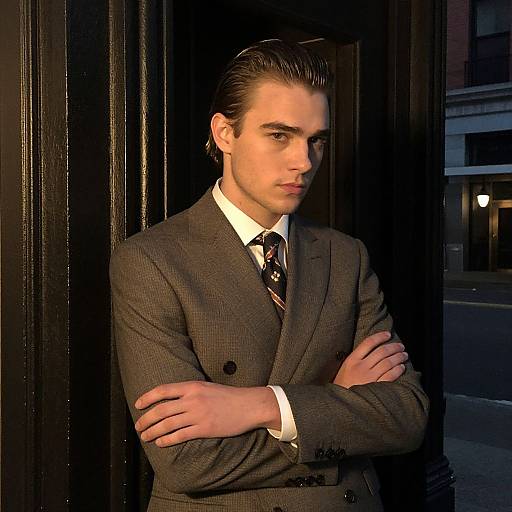 Photograph of a handsome young man with slicked-back dark hair, wearing a gray suit, white shirt, and patterned tie, standing with arms