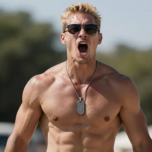 Muscular Man Expressing Intensity Outdoors