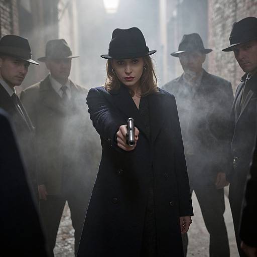 Photograph of intense, red-lipped woman in black coat and hat, pointing gun forward, surrounded by five men in similar attire, foggy urban