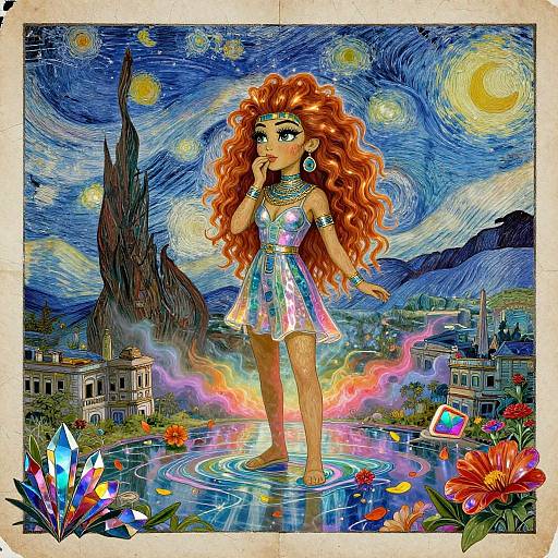Digital artwork: Whimsical, giant woman with curly red hair, colorful dress, and jewelry stands on glowing water in Vincent van Gogh's Star