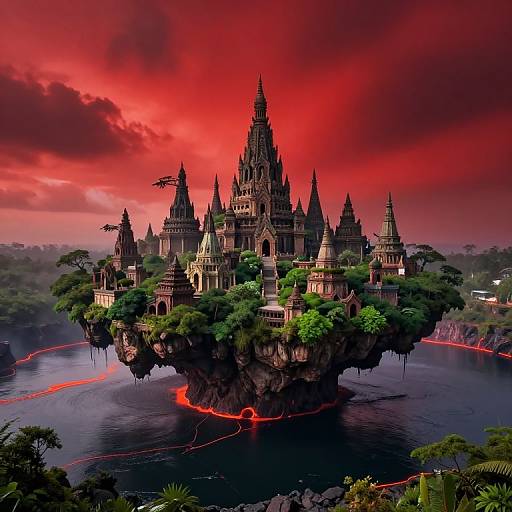 Fantastical floating temple complex with spires, surrounded by lush greenery, under a dramatic red and purple sky, floating above a dark, glowing