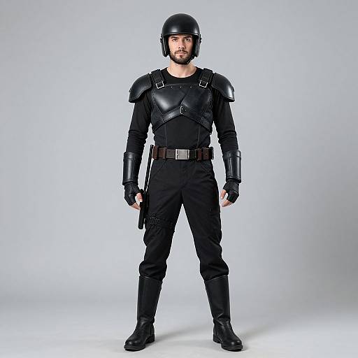 Photograph of a bearded man in full black police uniform with helmet, shoulder pads, gloves, and belt, standing against a plain white background.