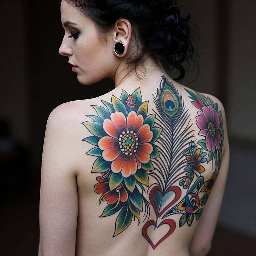 Photograph of a pale-skinned woman with black hair, facing left, showcasing vibrant peacock feather and flower tattoo on her back.