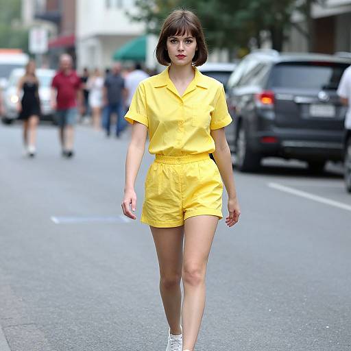 Photograph of a young woman with short brown hair, wearing a bright yellow polo shirt and shorts, walking confidently down a city street. Blurred background