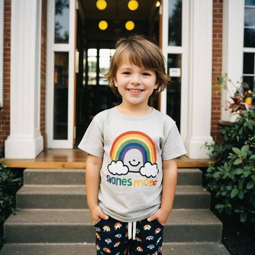 Smiling toddler boy in rainbow graphic tee outdoors