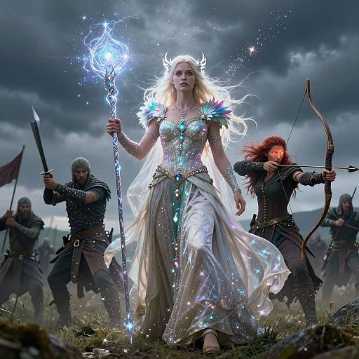 Digital fantasy artwork: A radiant, blonde, ethereal sorceress with glowing white hair, holding a lightning staff, stands confidently amidst armored warriors and