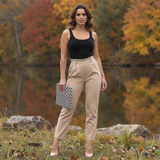 Photograph of a confident woman with wavy brown hair, wearing a black tank top, beige high-waisted pants, and white heels, holding