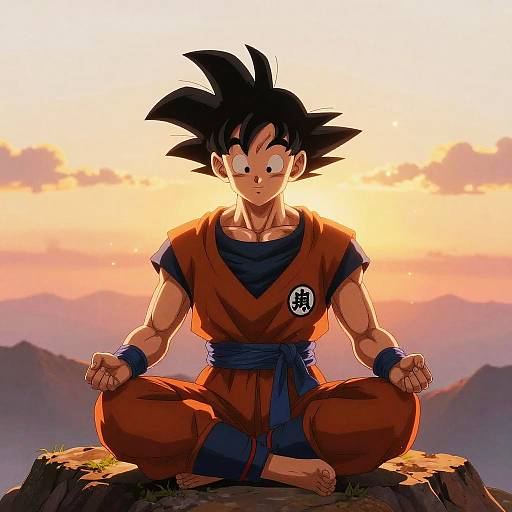 Digital anime-style drawing of Son Goku, with spiky black hair, orange gi, and blue belt, meditating on a rocky mountain at sunset.