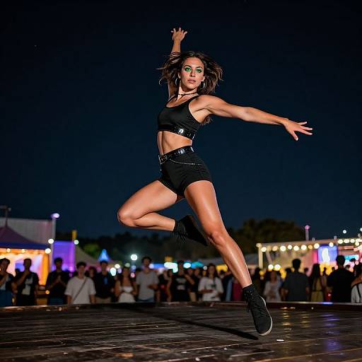 Photograph of a muscular woman with tan skin, brown hair, green eyeshadow, black crop top, shorts, and boots, mid-dance