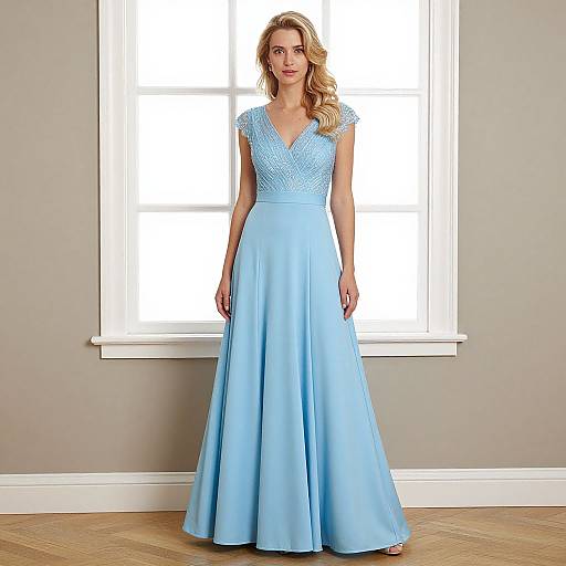 Photograph of a blonde woman in a light blue, V-neck, lace bodice gown with a full skirt, standing in front of a bright window