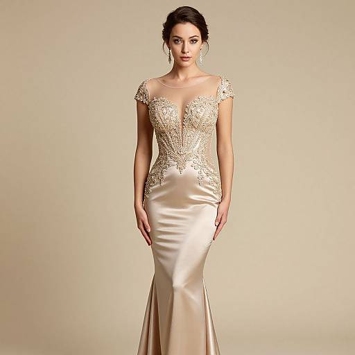 Photograph of a poised woman in a floor-length, champagne-colored satin gown with intricate lace bodice, standing against a plain beige background.