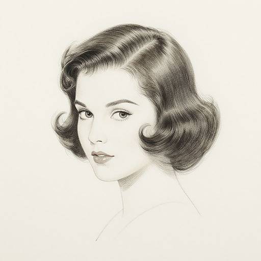 Black-and-white digital drawing of a 1940s-style woman with wavy, shoulder-length hair, soft features, and a gentle expression.