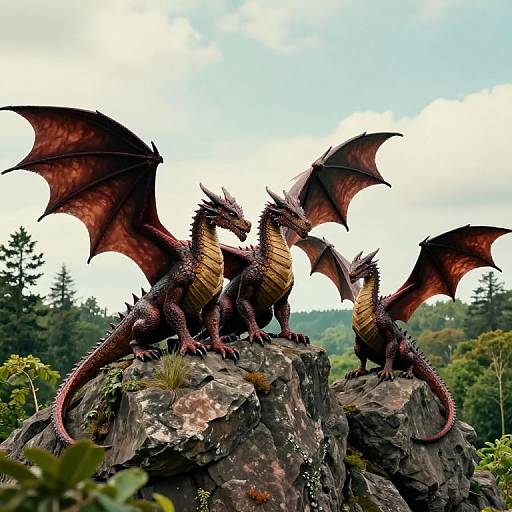 Photograph of two fierce, red and gold-scaled dragons with large, membranous wings, standing on a rocky outcrop amidst a lush,