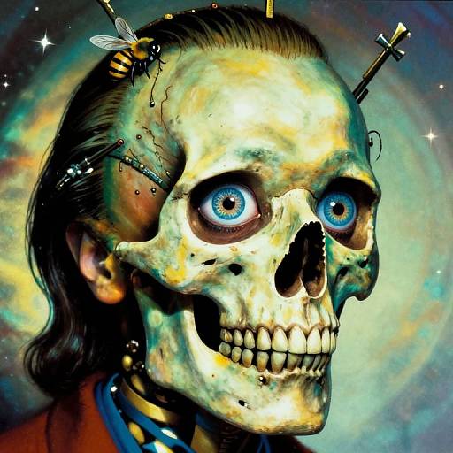 Digital art of a skeletal face with glowing blue eyes, dark hair, and various mechanical parts on the head, set against a colorful, cosmic background.