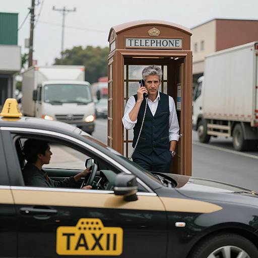 Focused Man in City Phone Booth
