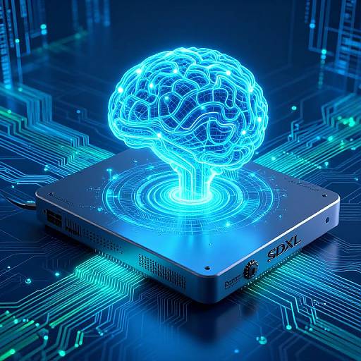 Digital CGI image of a glowing blue, wireframe brain hovering above a silver CPU chip on a circuit board background.