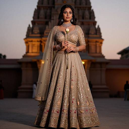 Photograph of a confident Indian woman in an ornate, gold-embroidered traditional saree, holding a candle, standing in front of a