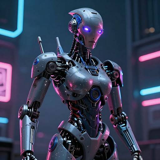Digital CGI of a futuristic, humanoid robot with glowing purple eyes, sleek silver and black metallic body, neon-lit cyberpunk background.