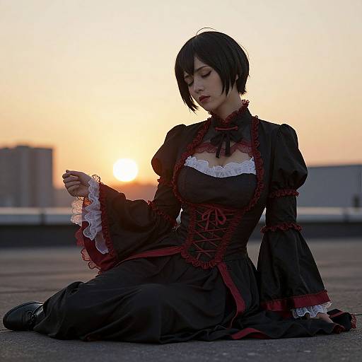 Photograph of a pale-skinned woman with black bob haircut, wearing a black gothic dress with red accents and white lace, sitting on rooftop at