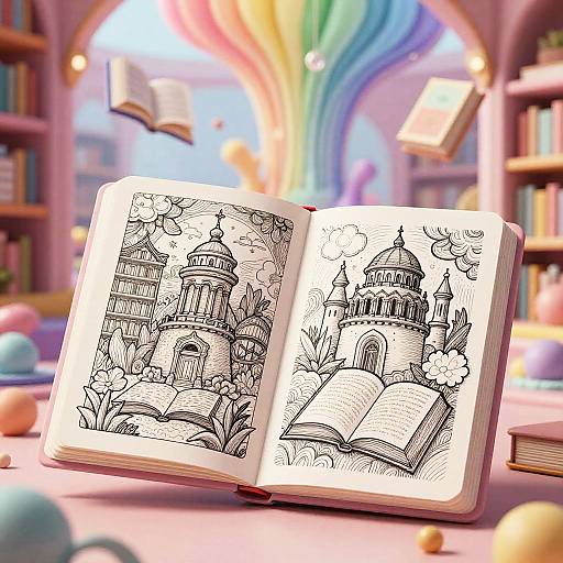 Illustrated open book with detailed black and white drawings of ornate domed buildings, set in a whimsical, colorful library. Floating books and past
