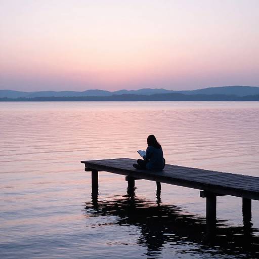Silhouetted woman sits on wooden dock, laptop in hand, against a serene pink and purple sunset over calm lake waters.