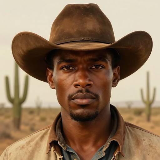Photograph of a serious, dark-skinned African-American man wearing a worn brown cowboy hat and beige shirt, set against a desert backdrop with cact