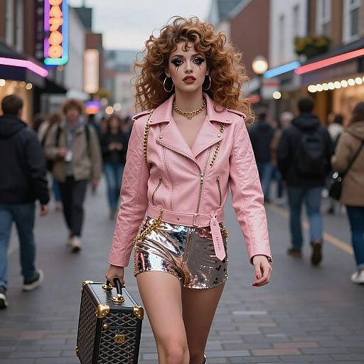 Photograph of a confident woman with curly red hair, wearing a pink leather jacket, silver sequin shorts, gold accessories, and carrying a black suitcase