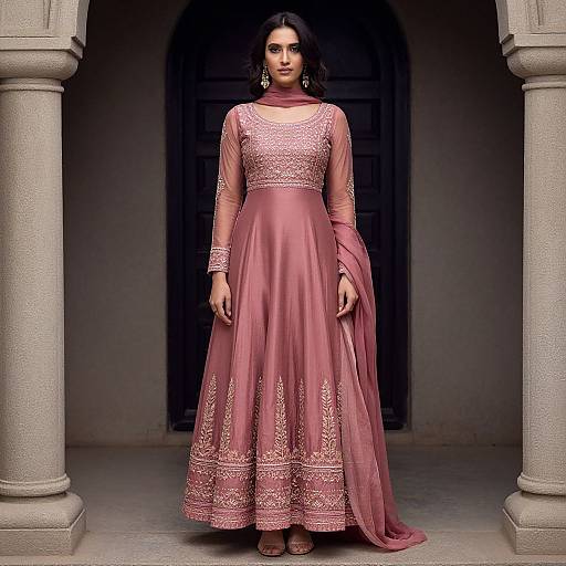 Photograph of a woman in a pink, long-sleeve, lace-trimmed traditional dress, standing between stone columns, with a dark ar