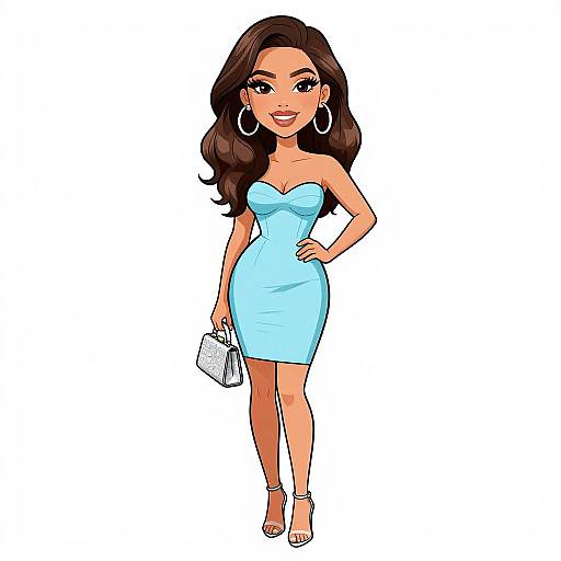 Digital cartoon of a confident woman with long dark hair, wearing a strapless blue dress, holding a white clutch, and silver heels.