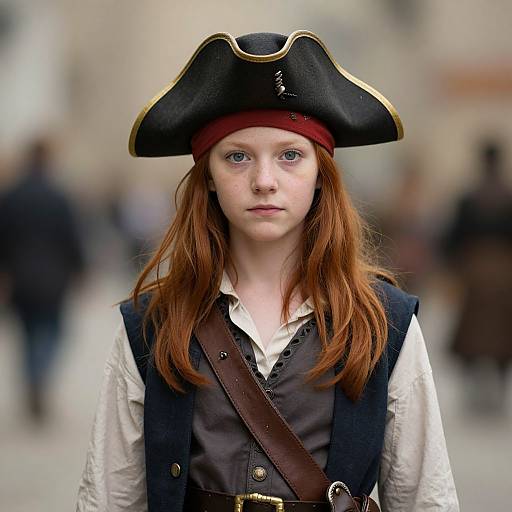 Photograph of a fair-skinned, red-haired young girl in a black tricorn hat, white shirt, brown vest, and red headband,