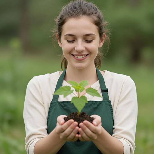 Photograph of a smiling young woman with fair skin and dark brown hair in a green apron, holding a small green plant with soil in her hands