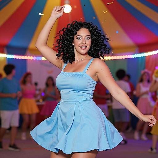 Photograph of a smiling woman with curly black hair, wearing a light blue, sleeveless, flared dress, dancing under colorful, striped circus tent