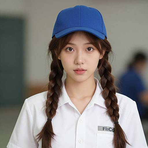 Photograph of an Asian girl with long brown braids, wearing a blue baseball cap, white shirt, and name tag, set against a blurred indoor
