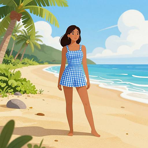 Digital illustration of a young woman with dark hair in a blue and white checkered sundress standing on a sunny, tropical beach with palm trees and clear