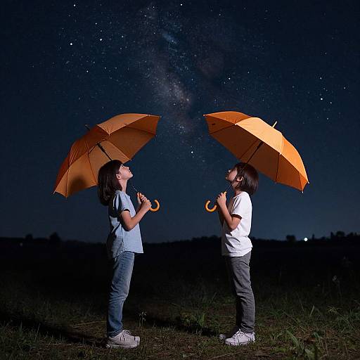 Photograph of two children with orange umbrellas, standing under a starry night sky, holding the handles, wearing casual clothes.