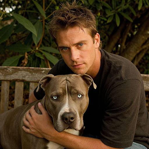 Photograph of a handsome, brown-haired man with blue eyes, wearing a black shirt, hugging a grey and white American Pit Bull Terrier with