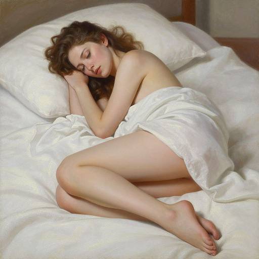 Photograph of a fair-skinned, curly-haired woman sleeping on a white bed with pillows and a white sheet, her bare back and legs exposed.