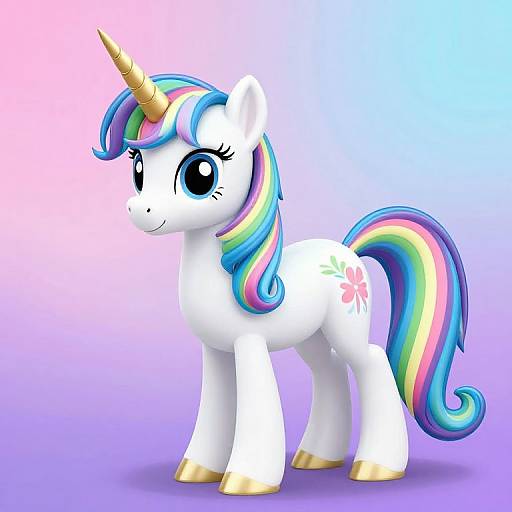 Digital illustration of a cute, white unicorn with a colorful rainbow mane and tail, large blue eyes, gold hooves, and a flower cutie mark