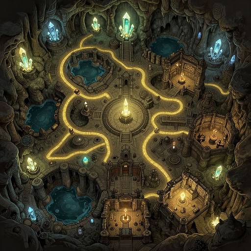 Detailed digital drawing of a cavern with glowing yellow and blue crystals, winding yellow light trails, and lit, hexagonal buildings.