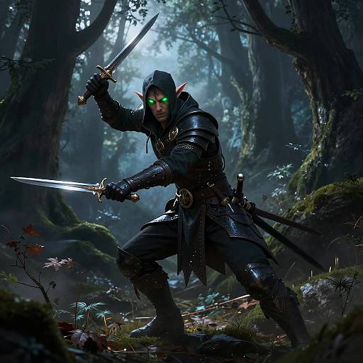 Digital fantasy artwork: Green-eyed, armored elf warrior with pointed ears, wielding two swords in a dark, misty forest, ready for battle.