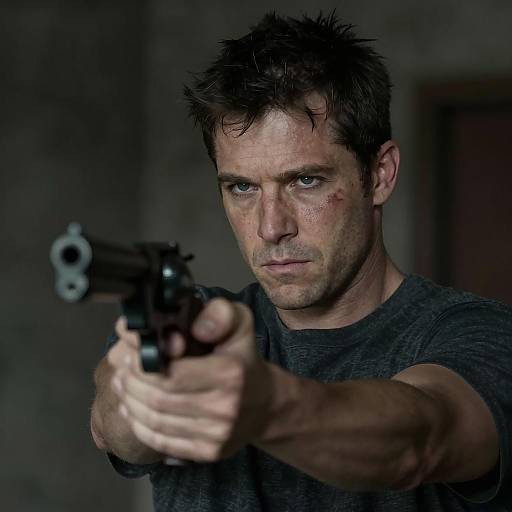 Intense Man with Revolver in Shadows