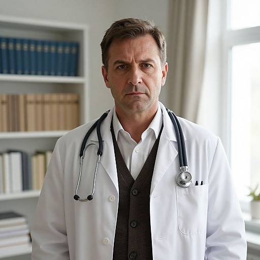 Photograph of a serious middle-aged male doctor with short brown hair, wearing a white lab coat, black vest, and stethoscope, standing in