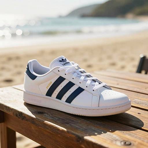 Cinematic Adidas Sneakers on Beach Table