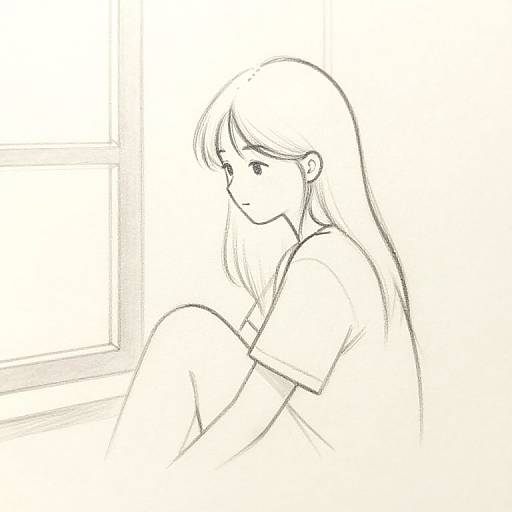 Black-and-white digital sketch of a long-haired girl sitting by a window, gazing pensively outside. Simple lines, minimal detail.