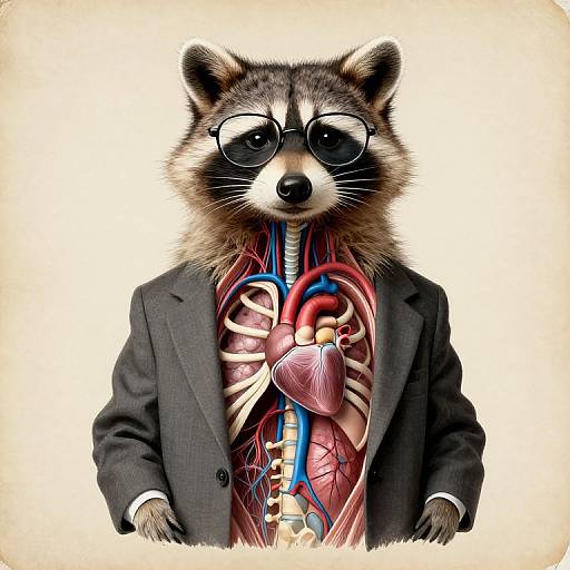Photorealistic digital art of a raccoon with glasses, wearing a black suit over a detailed human heart and skeleton.