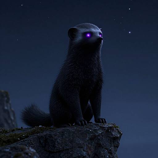 Digital CGI image of a glowing, purple-eyed, dark-furred ferret-like creature sitting on a rocky cliff under a starry, dark blue night