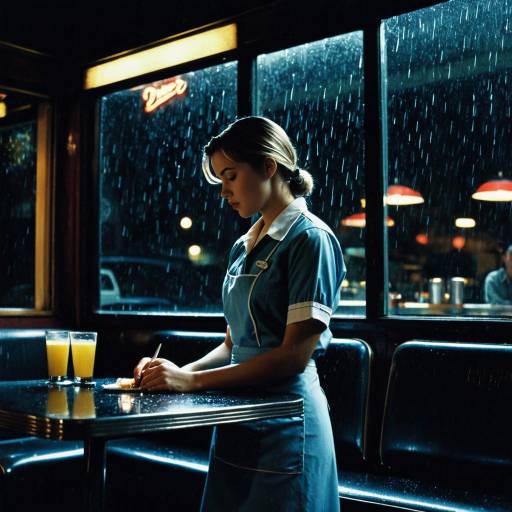Diner Waitress Writing on Order Pad in Rainy Night